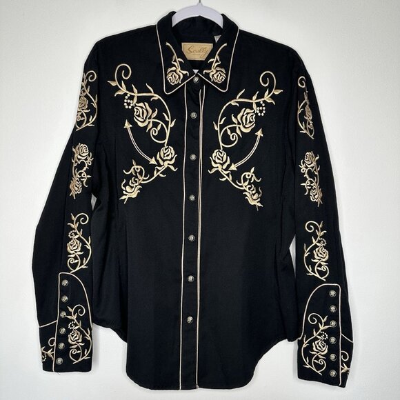 Scully Western Shirt Black Floral Embroidered Pearl Snap Large - Picture 1 of 11